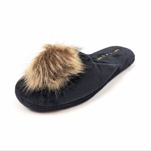 Patricia Green Black Daisy Faux Fur Pouf Slippers Size L